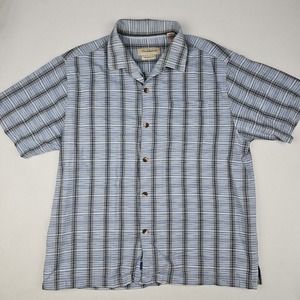 Tommy Bahama Shirt Mens XL Blue Plaid Hawaiian Button Up Silk Cotton Blend Beach